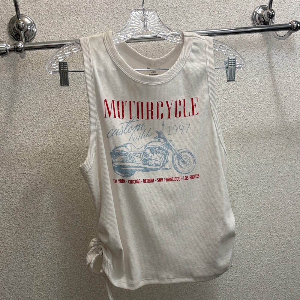 Vintage Motorcycle Graphic Sleeveless Tank White with Red & Blue Print